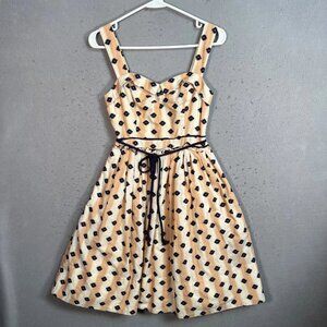 Maeve Beige & Black Embroidered Midi Dress With Tie Waist & Striped Pattern